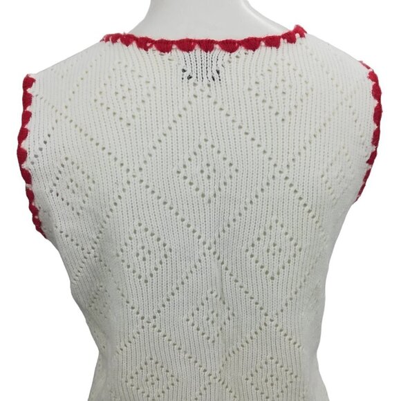Vintage Nan Dorsey Pullover Sweater Vest Size M Eyelet Knit Crochet White Red - Picture 9 of 11
